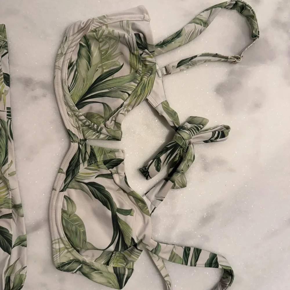 Monday Swimwear Green Leaf Print Bikini Top and High Waist Bottoms